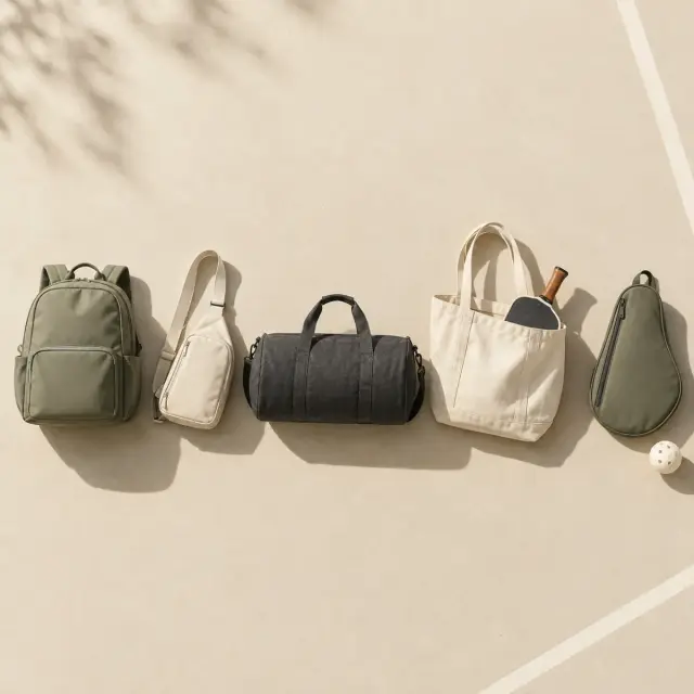 Pickleball backpack, sling bag, duffel and tote laid side by side