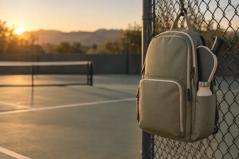 Best overall pickleball backpack hanging on a court fence at sunset