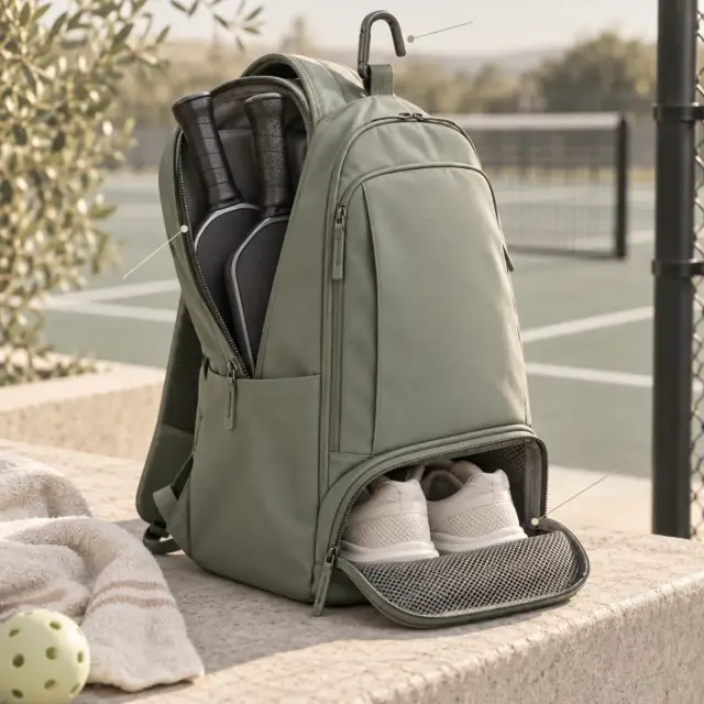Close-up of a pickleball bag paddle compartment, fence hook and ventilated shoe compartment