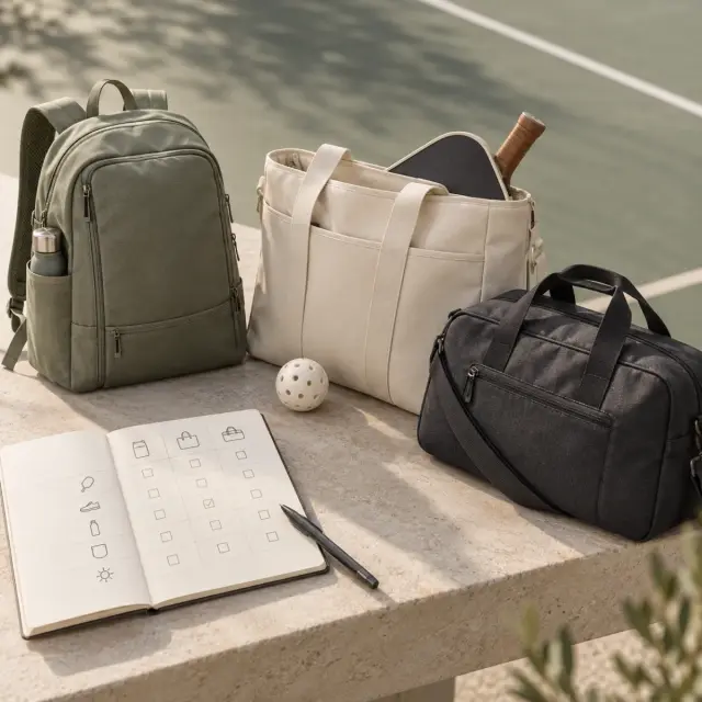 Notebook with bag comparison criteria next to several pickleball bags