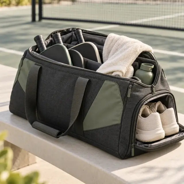 Large tour-style pickleball bag packed for a tournament day