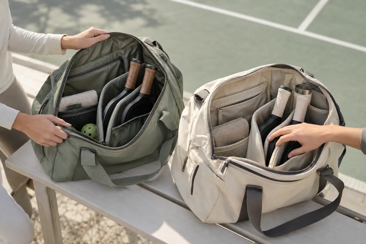 Two premium pickleball bags open side by side on a court bench, paddle sleeves and packing compared