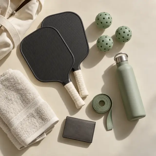 Packing checklist flat-lay: paddles, balls, overgrip, water bottle, wallet, towel