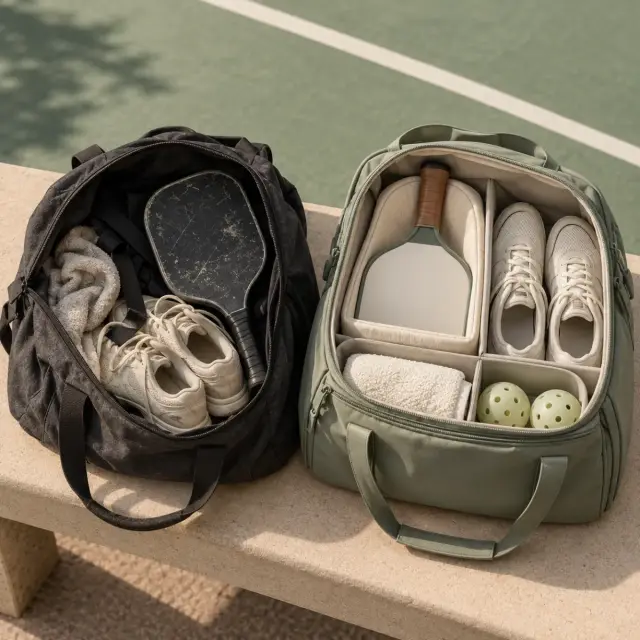 Scuffed paddle face next to court shoes in an open gym bag versus a padded paddle sleeve